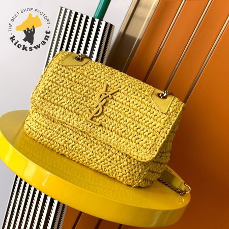 Saint Laurent Niki Raffia Logo Plaque Shoulder Bag