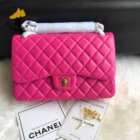 Chanel Classic Double Flap Quilted Lambskin Gold-tone Jumbo Pink