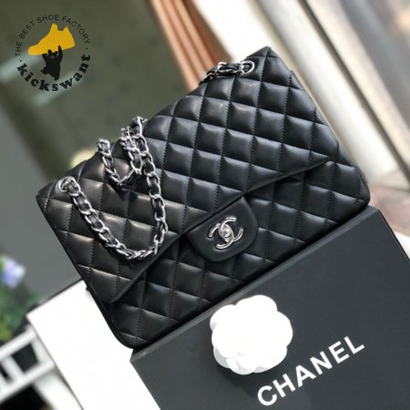 Chanel Classic Double Flap Quilted Lambskin Silver-tone Jumbo Black