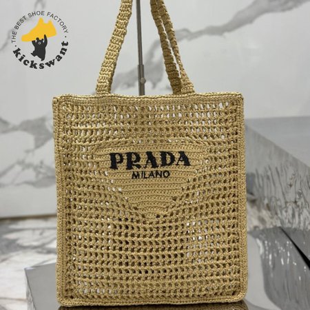 Prada Logo-Print Raffia Tote