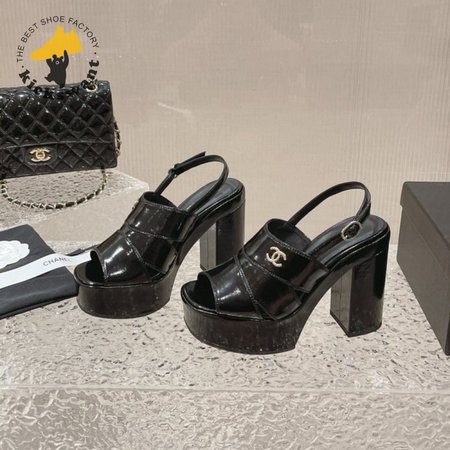 Chanel Sandal Patent Crumpled Lambskin Black