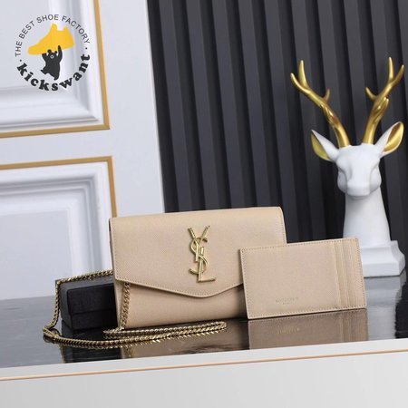 Saint Laurent Uptown Chain Wallet Grain De Poudre Dark Beige