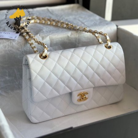 Chanel White Quilted Caviar Medium Classic Double Flap Light Gold Hardware