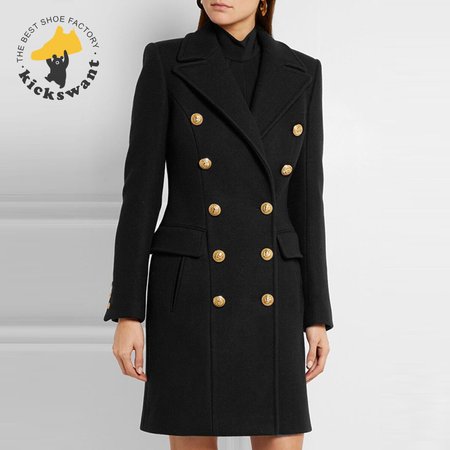 Balmain Black Double Breasted Gold Button Wool Coat