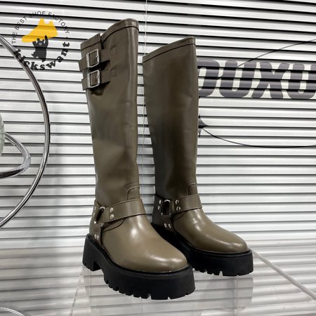 Celine Bulky Biker High Boot In Calfskin Khaki/Silver