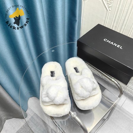 Chanel Women's Cross Band Slippers Fuzzy Slippers