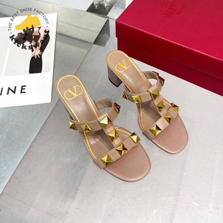 Valentino Roman Stud Calfskin Slide Sandal 60mm Rose Cannelle 35-41