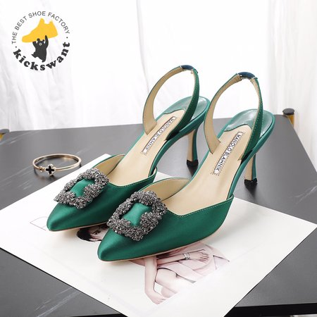 Manolo Blahnik Green Satin Jewel Buckle Slingback Pumps 35-42